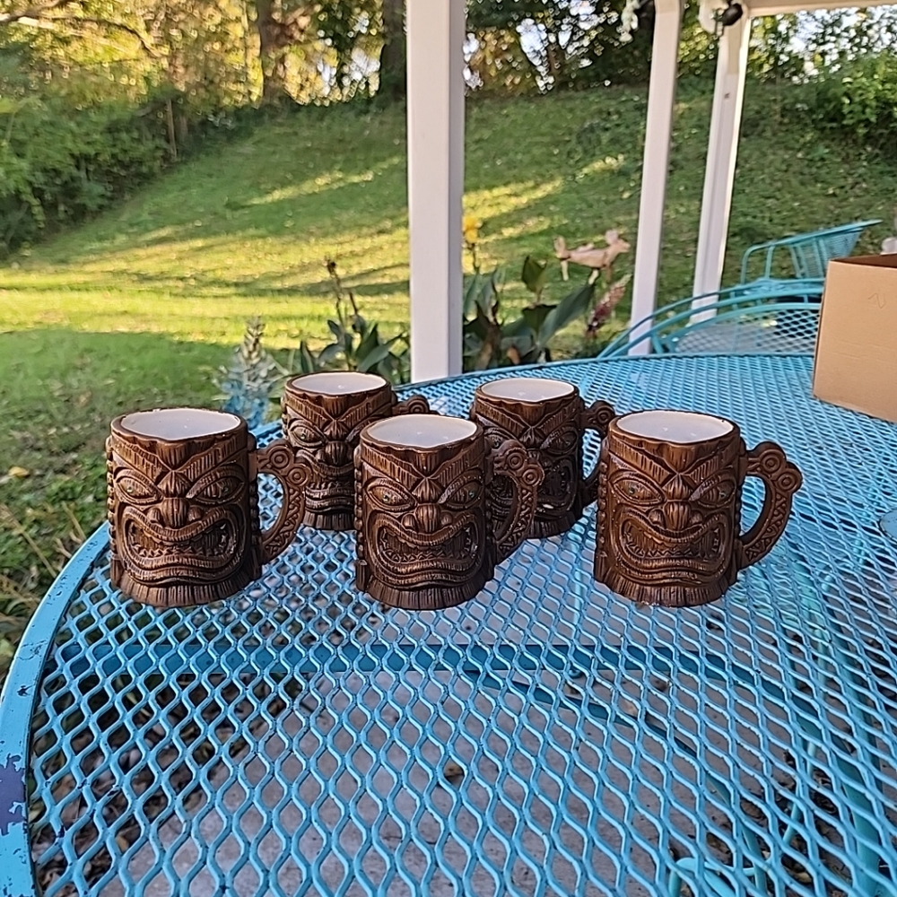Vtg Hawaiian Tiki Mugs Set Of 5 Quon-Quon Japan Brown Ceramic Green Gem Eyes